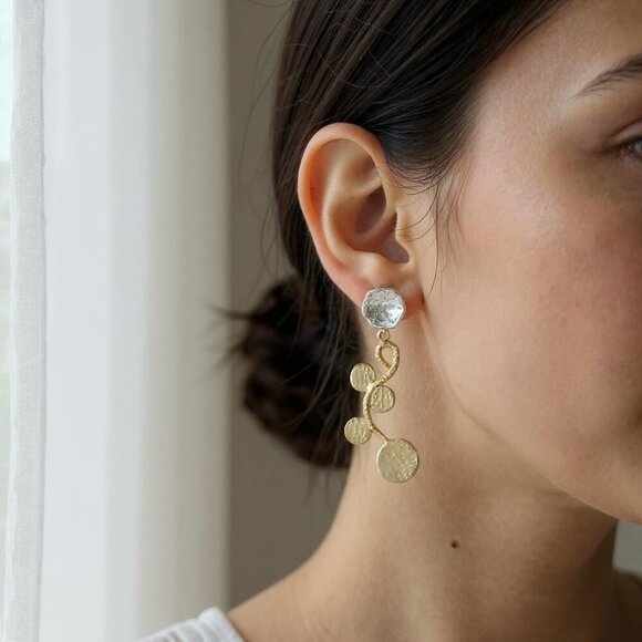 🆕️Boho Luxe Turkish Unique Artisan 18K Gold Plated Hammered Drop Earrings - Picture 4 of 13